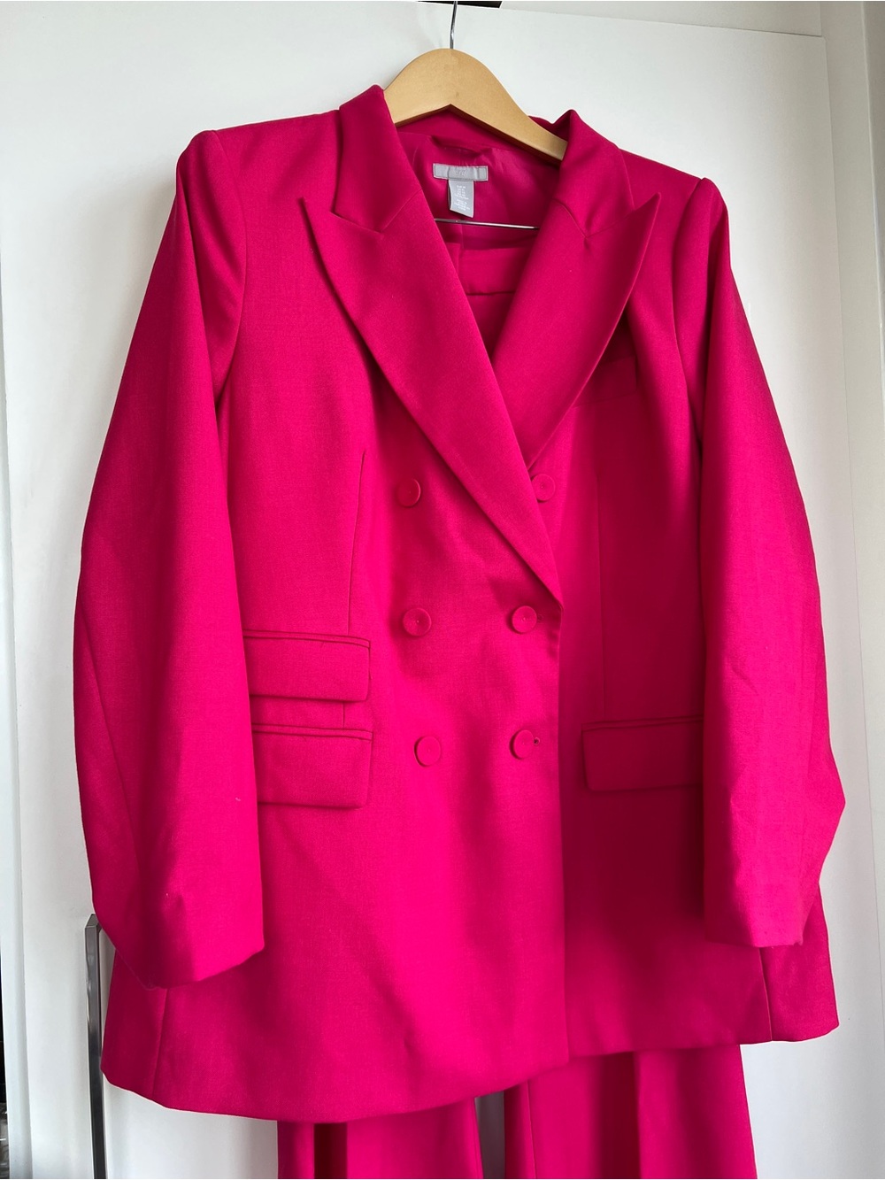 H&M Bright Pink Matching Pantsuit Set XL Blazer Size 16 Wide Leg Pants